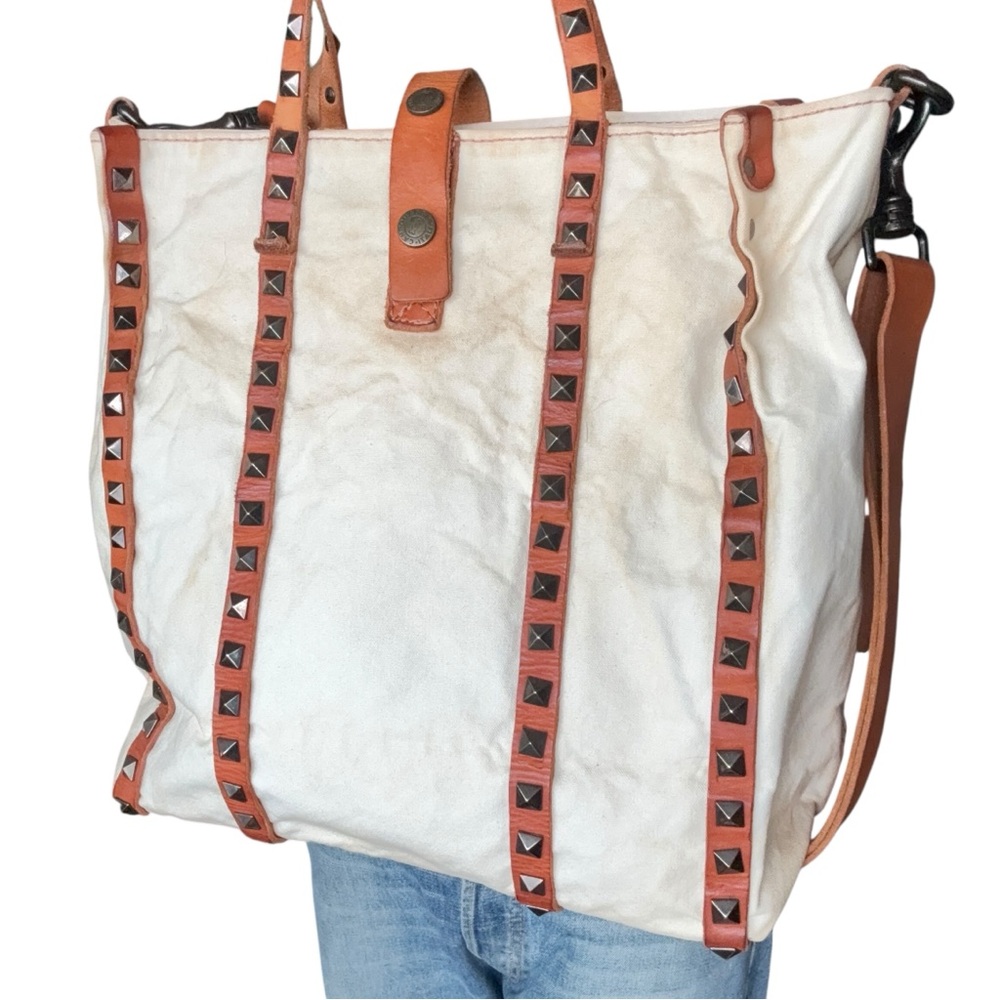 Campomaggi canvas and leather tote crossbody studded - Picture 4 of 12